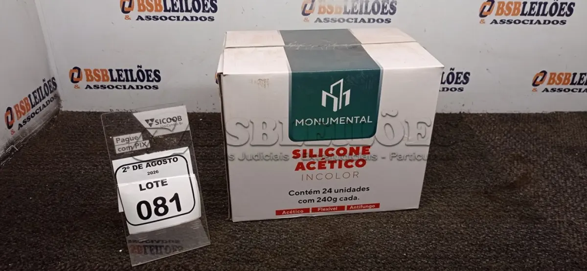 LOTE 081 - 24 UNIDADES DE SILICONE ACÉTICO INCOLOR COM 240G CADA MARCA MONUMENTAL. (NO ESTADO) ATENÇÃO! FAZER A VISITAÇÃO ANTES DE ARREMATAR, NÃO SABEMOS SE FUNCIONA, LEILÃO NÃO TEM GARANTIA E NEM DEVOLUÇÃO, SUJEITO A POSSÍVEIS AVARIAS VISÍVEIS/OCULTAS E/OU AUSÊNCIA DE COMPONENTES.