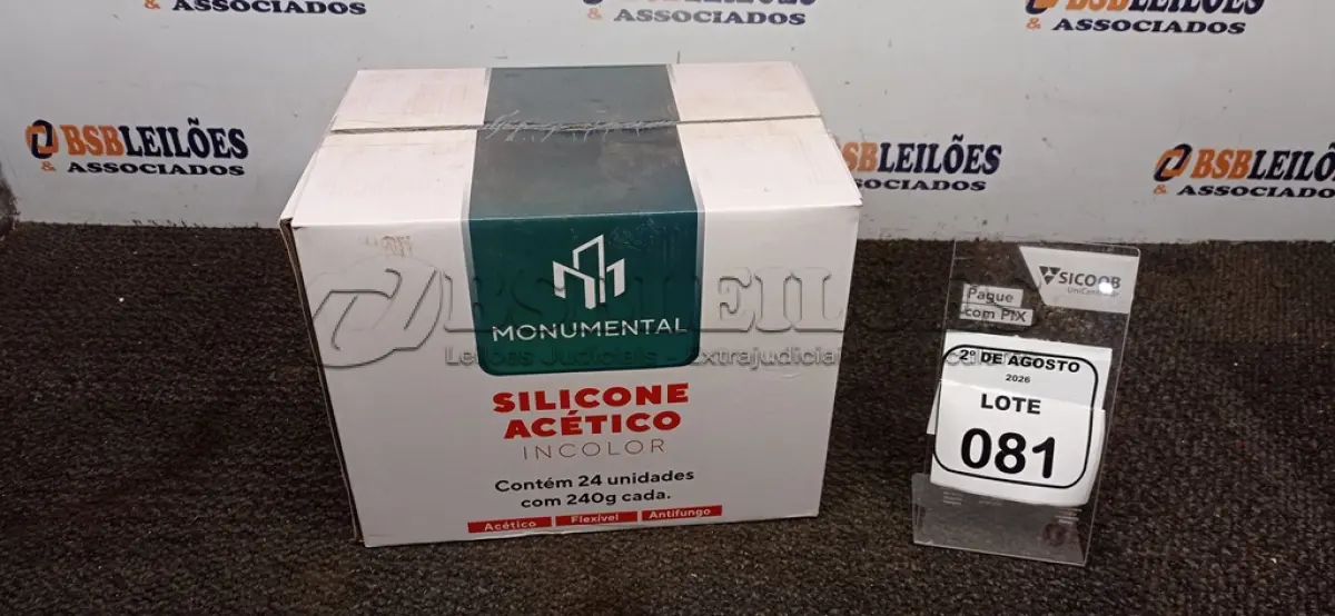 LOTE 081 - 24 UNIDADES DE SILICONE ACÉTICO INCOLOR COM 240G CADA MARCA MONUMENTAL. (NO ESTADO) ATENÇÃO! FAZER A VISITAÇÃO ANTES DE ARREMATAR, NÃO SABEMOS SE FUNCIONA, LEILÃO NÃO TEM GARANTIA E NEM DEVOLUÇÃO, SUJEITO A POSSÍVEIS AVARIAS VISÍVEIS/OCULTAS E/OU AUSÊNCIA DE COMPONENTES.