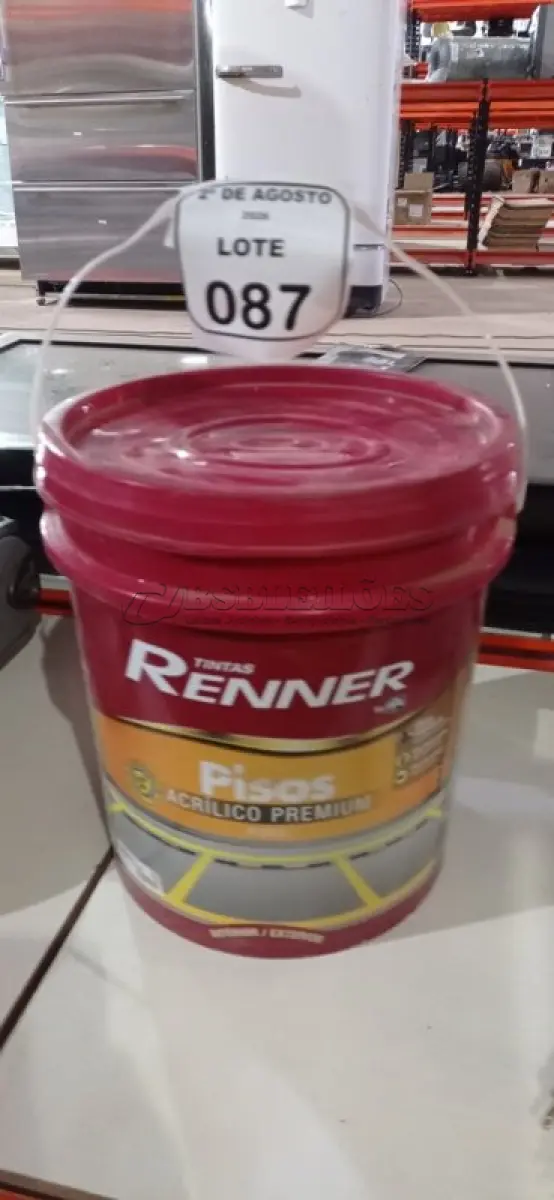 LOTE 087 - 01 BALDE DE TINTA DE PISOS ACRÍLICA NA COR VERMELHO SEGURANÇA FOSCO DE 18L MARCA RENNER. (NO ESTADO) ATENÇÃO! FAZER A VISITAÇÃO ANTES DE ARREMATAR, NÃO SABEMOS SE FUNCIONA, LEILÃO NÃO TEM GARANTIA E NEM DEVOLUÇÃO, SUJEITO A POSSÍVEIS AVARIAS VISÍVEIS/OCULTAS E/OU AUSÊNCIA DE COMPONENTES.