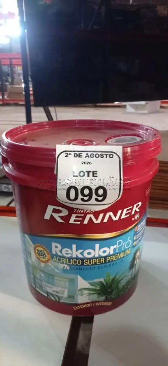 LOTE 099 - 01 BALDE DE TINTA ACRÍLICA SUPER PREMIUM NA COR BASE INTENSA SEMIBRILHO DE 16L MARCA RENNER. (NO ESTADO) ATENÇÃO! FAZER A VISITAÇÃO ANTES DE ARREMATAR, NÃO SABEMOS SE FUNCIONA, LEILÃO NÃO TEM GARANTIA E NEM DEVOLUÇÃO, SUJEITO A POSSÍVEIS AVARIAS VISÍVEIS/OCULTAS E/OU AUSÊNCIA DE COMPONENTES.