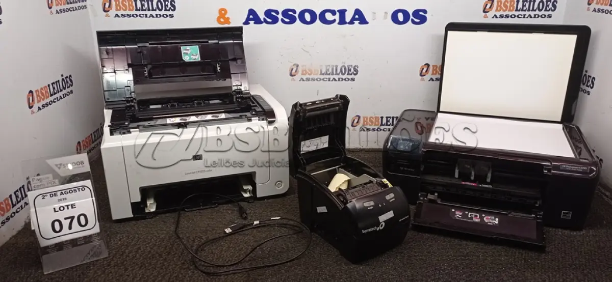 LOTE 070 - 01 IMPRESSORA MODELO LASERJET CP1025 COLOR MARCA HP, 01 IMPRESSORA MODELO PHOTOSMART C4780 MARCA HP E 01 IMPRESSORA TÉRMICA MARCA BEMATCH. (NO ESTADO) ATENÇÃO! FAZER A VISITAÇÃO ANTES DE ARREMATAR, NÃO SABEMOS SE FUNCIONA, LEILÃO NÃO TEM GARANTIA E NEM DEVOLUÇÃO, SUJEITO A POSSÍVEIS AVARIAS VISÍVEIS/OCULTAS E/OU AUSÊNCIA DE COMPONENTES.