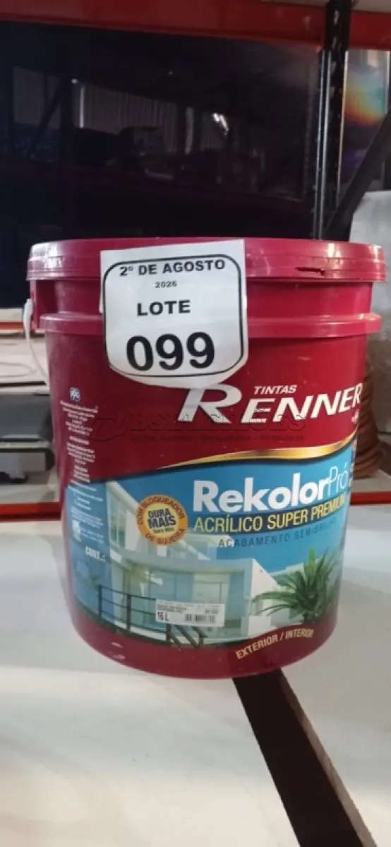 LOTE 099 - 01 BALDE DE TINTA ACRÍLICA SUPER PREMIUM NA COR BASE INTENSA SEMIBRILHO DE 16L MARCA RENNER. (NO ESTADO) ATENÇÃO! FAZER A VISITAÇÃO ANTES DE ARREMATAR, NÃO SABEMOS SE FUNCIONA, LEILÃO NÃO TEM GARANTIA E NEM DEVOLUÇÃO, SUJEITO A POSSÍVEIS AVARIAS VISÍVEIS/OCULTAS E/OU AUSÊNCIA DE COMPONENTES.