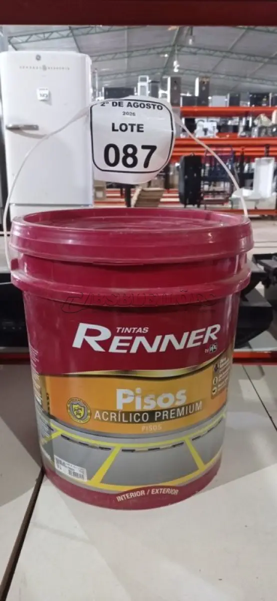 LOTE 087 - 01 BALDE DE TINTA DE PISOS ACRÍLICA NA COR VERMELHO SEGURANÇA FOSCO DE 18L MARCA RENNER. (NO ESTADO) ATENÇÃO! FAZER A VISITAÇÃO ANTES DE ARREMATAR, NÃO SABEMOS SE FUNCIONA, LEILÃO NÃO TEM GARANTIA E NEM DEVOLUÇÃO, SUJEITO A POSSÍVEIS AVARIAS VISÍVEIS/OCULTAS E/OU AUSÊNCIA DE COMPONENTES.