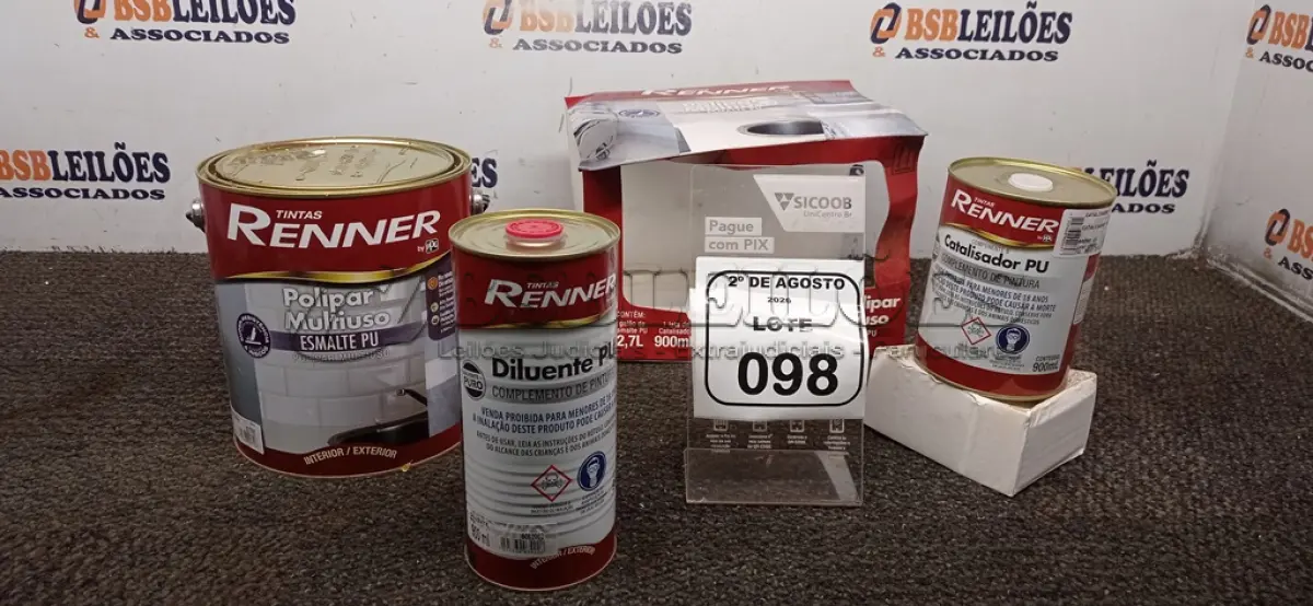 LOTE 098 - 01 LATA DE ESMALTE PU DE 2,7L, 01 LATA DE CATALIZADOR DE 900ML E 01 LATA DE DILUENTE DE 900ML. (NO ESTADO) ATENÇÃO! FAZER A VISITAÇÃO ANTES DE ARREMATAR, NÃO SABEMOS SE FUNCIONA, LEILÃO NÃO TEM GARANTIA E NEM DEVOLUÇÃO, SUJEITO A POSSÍVEIS AVARIAS VISÍVEIS/OCULTAS E/OU AUSÊNCIA DE COMPONENTES.