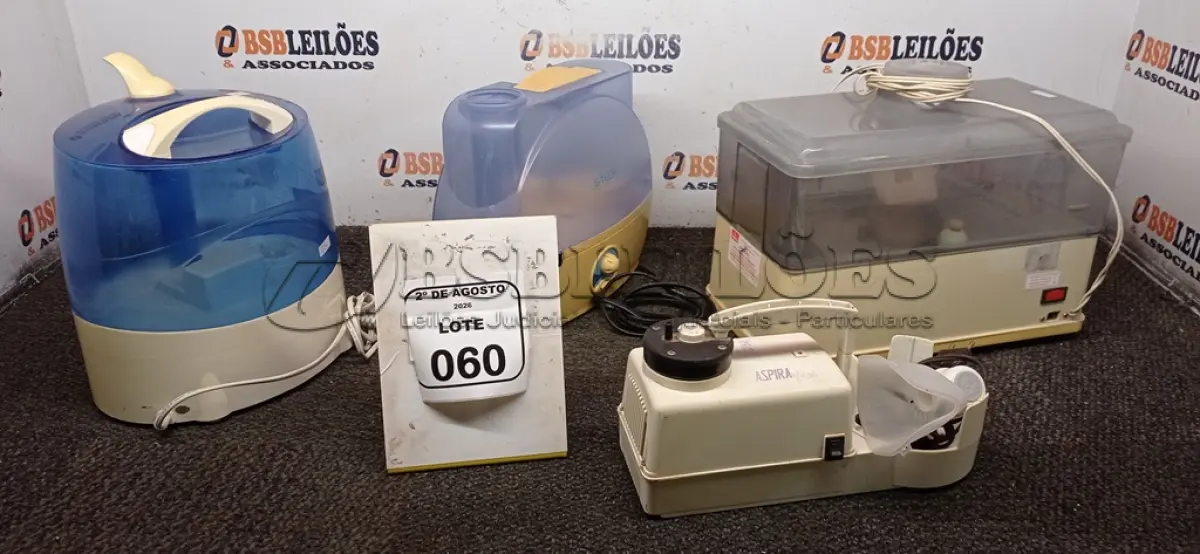 LOTE 060 - 01 NEBULIZADOR E 03 UMIDIFICADORES. (NO ESTADO) ATENÇÃO! FAZER A VISITAÇÃO ANTES DE ARREMATAR, NÃO SABEMOS SE FUNCIONA, LEILÃO NÃO TEM GARANTIA E NEM DEVOLUÇÃO, SUJEITO A POSSÍVEIS AVARIAS VISÍVEIS/OCULTAS E/OU AUSÊNCIA DE COMPONENTES.