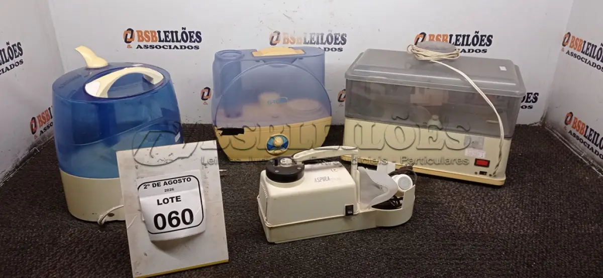 LOTE 060 - 01 NEBULIZADOR E 03 UMIDIFICADORES. (NO ESTADO) ATENÇÃO! FAZER A VISITAÇÃO ANTES DE ARREMATAR, NÃO SABEMOS SE FUNCIONA, LEILÃO NÃO TEM GARANTIA E NEM DEVOLUÇÃO, SUJEITO A POSSÍVEIS AVARIAS VISÍVEIS/OCULTAS E/OU AUSÊNCIA DE COMPONENTES.