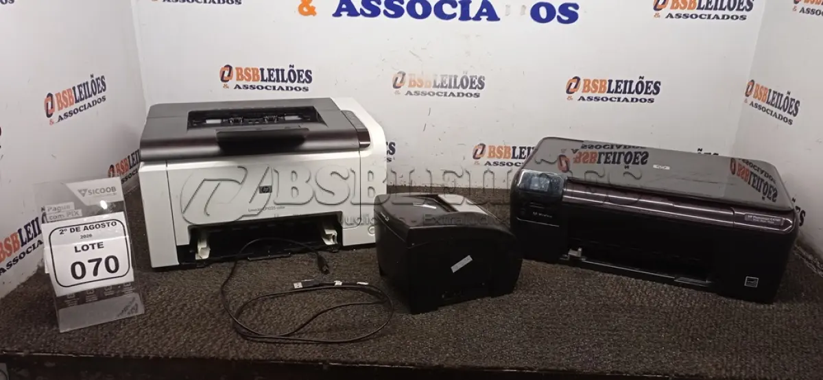 LOTE 070 - 01 IMPRESSORA MODELO LASERJET CP1025 COLOR MARCA HP, 01 IMPRESSORA MODELO PHOTOSMART C4780 MARCA HP E 01 IMPRESSORA TÉRMICA MARCA BEMATCH. (NO ESTADO) ATENÇÃO! FAZER A VISITAÇÃO ANTES DE ARREMATAR, NÃO SABEMOS SE FUNCIONA, LEILÃO NÃO TEM GARANTIA E NEM DEVOLUÇÃO, SUJEITO A POSSÍVEIS AVARIAS VISÍVEIS/OCULTAS E/OU AUSÊNCIA DE COMPONENTES.