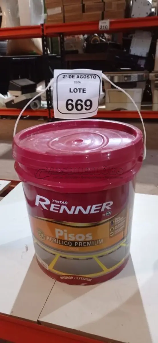 LOTE 669 - 01 BALDE DE TINTA DE PISOS ACRÍLICA NA COR VERMELHO SEGURANÇA FOSCO DE 18L MARCA RENNER. (NO ESTADO) ATENÇÃO! FAZER A VISITAÇÃO ANTES DE ARREMATAR, NÃO SABEMOS SE FUNCIONA, LEILÃO NÃO TEM GARANTIA E NEM DEVOLUÇÃO, SUJEITO A POSSÍVEIS AVARIAS VISÍVEIS/OCULTAS E/OU AUSÊNCIA DE COMPONENTES.