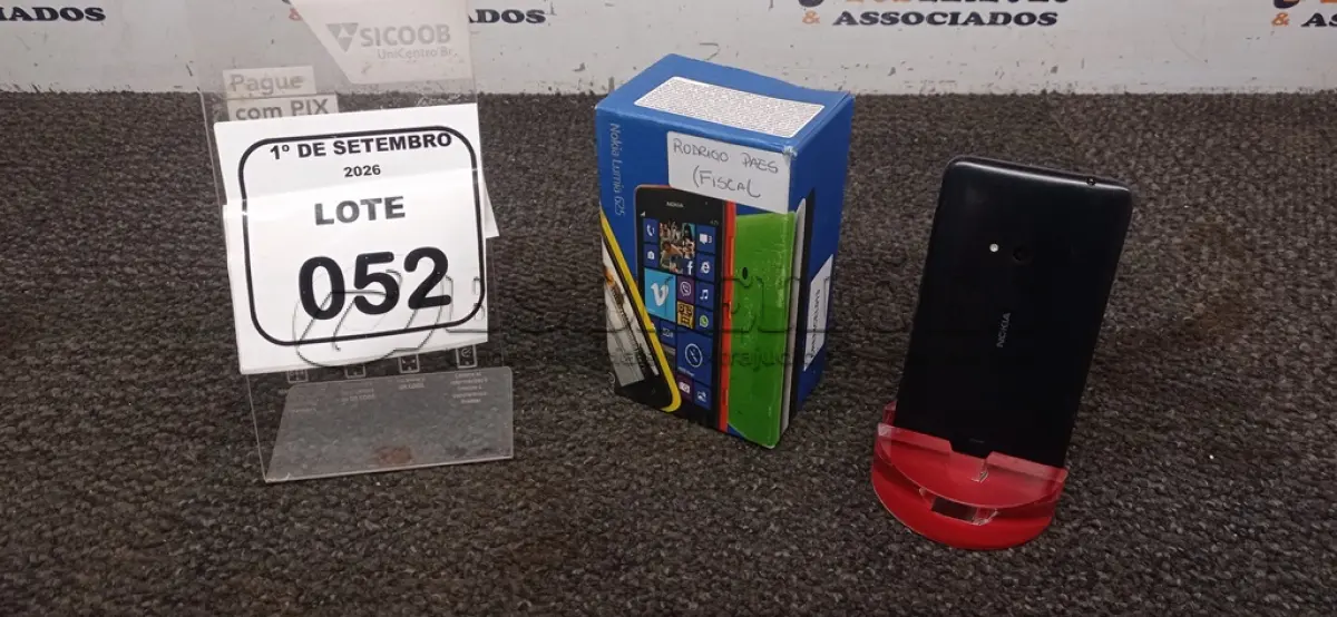 LOTE 052 - 01 CELULAR MODELO LUMIA 625 MARCA NOKIA SEM CARREGADOR. (NO ESTADO) ATENÇÃO! FAZER A VISITAÇÃO ANTES DE ARREMATAR, NÃO SABEMOS SE FUNCIONA, LEILÃO NÃO TEM GARANTIA E NEM DEVOLUÇÃO, SUJEITO A POSSÍVEIS AVARIAS VISÍVEIS/OCULTAS E/OU AUSÊNCIA DE COMPONENTES.