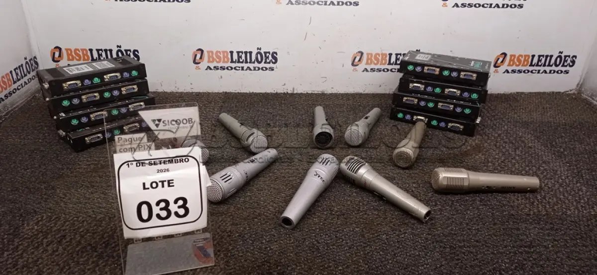 LOTE 033 - 09 MICROFONES DE MARCAS E MODELOS DIVERSOS. (NO ESTADO) ATENÇÃO! FAZER A VISITAÇÃO ANTES DE ARREMATAR, NÃO SABEMOS SE FUNCIONA, LEILÃO NÃO TEM GARANTIA E NEM DEVOLUÇÃO, SUJEITO A POSSÍVEIS AVARIAS VISÍVEIS/OCULTAS E/OU AUSÊNCIA DE COMPONENTES.