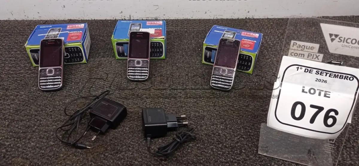 LOTE 076 - 03 CELULARES MODELO C2-01 MARCA NOKIA. (NO ESTADO) ATENÇÃO! FAZER A VISITAÇÃO ANTES DE ARREMATAR, NÃO SABEMOS SE FUNCIONA, LEILÃO NÃO TEM GARANTIA E NEM DEVOLUÇÃO, SUJEITO A POSSÍVEIS AVARIAS VISÍVEIS/OCULTAS E/OU AUSÊNCIA DE COMPONENTES.