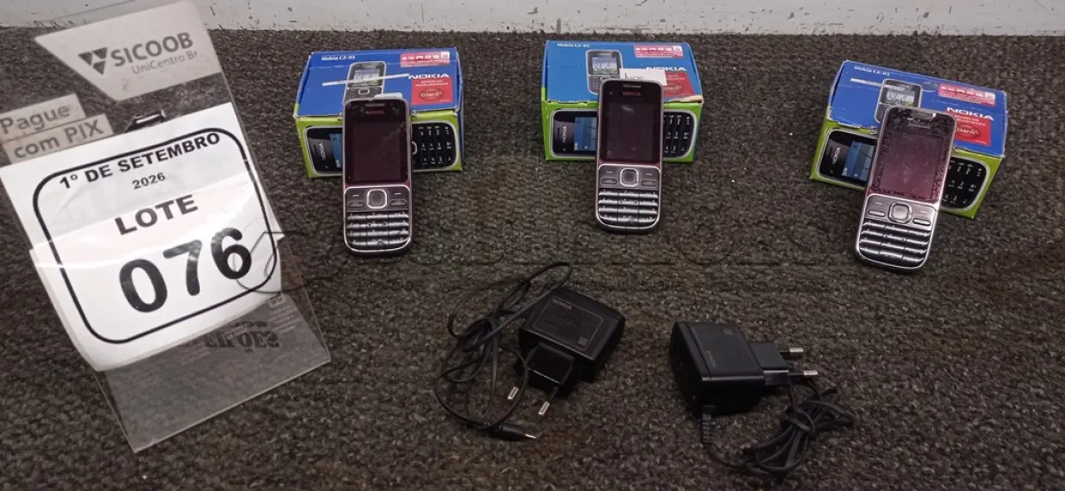 LOTE 076 - 03 CELULARES MODELO C2-01 MARCA NOKIA. (NO ESTADO) ATENÇÃO! FAZER A VISITAÇÃO ANTES DE ARREMATAR, NÃO SABEMOS SE FUNCIONA, LEILÃO NÃO TEM GARANTIA E NEM DEVOLUÇÃO, SUJEITO A POSSÍVEIS AVARIAS VISÍVEIS/OCULTAS E/OU AUSÊNCIA DE COMPONENTES.