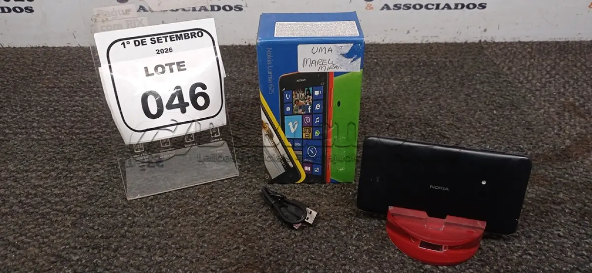 LOTE 046 - 01 CELULAR MODELO LUMIA 625 MARCA NOKIA SEM CARREGADOR. (NO ESTADO) ATENÇÃO! FAZER A VISITAÇÃO ANTES DE ARREMATAR, NÃO SABEMOS SE FUNCIONA, LEILÃO NÃO TEM GARANTIA E NEM DEVOLUÇÃO, SUJEITO A POSSÍVEIS AVARIAS VISÍVEIS/OCULTAS E/OU AUSÊNCIA DE COMPONENTES.