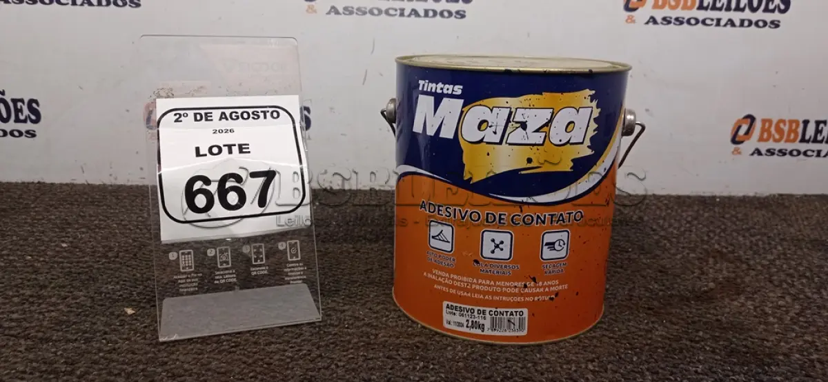 LOTE 667 - 01 LATA DE ADESIVO DE CONTATO 2,80KG MARCA MAZA. (NO ESTADO) ATENÇÃO! FAZER A VISITAÇÃO ANTES DE ARREMATAR, NÃO SABEMOS SE FUNCIONA, LEILÃO NÃO TEM GARANTIA E NEM DEVOLUÇÃO, SUJEITO A POSSÍVEIS AVARIAS VISÍVEIS/OCULTAS E/OU AUSÊNCIA DE COMPONENTES.