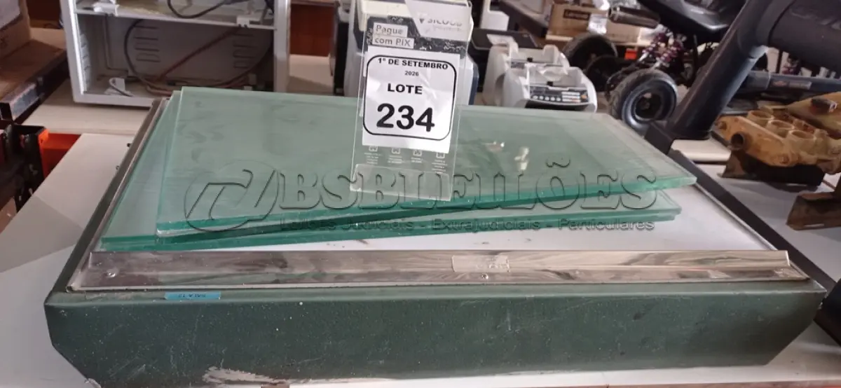 LOTE 234 - 01 NEGATOSCÓPIO DE 80X50CM E 04 VIDROS EM FORMATO TRAPEZOIDAL DE APROXIMADAMENTE 64CM. (NO ESTADO) ATENÇÃO! FAZER A VISITAÇÃO ANTES DE ARREMATAR, NÃO SABEMOS SE FUNCIONA, LEILÃO NÃO TEM GARANTIA E NEM DEVOLUÇÃO, SUJEITO A POSSÍVEIS AVARIAS VISÍVEIS/OCULTAS E/OU AUSÊNCIA DE COMPONENTES.