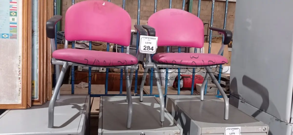 LOTE 284 - 02 CADEIRAS COM ASSENTO DOBRÁVEL NA COR ROSA. (NO ESTADO) ATENÇÃO! FAZER A VISITAÇÃO ANTES DE ARREMATAR, NÃO SABEMOS SE FUNCIONA, LEILÃO NÃO TEM GARANTIA E NEM DEVOLUÇÃO, SUJEITO A POSSÍVEIS AVARIAS VISÍVEIS/OCULTAS E/OU AUSÊNCIA DE COMPONENTES.