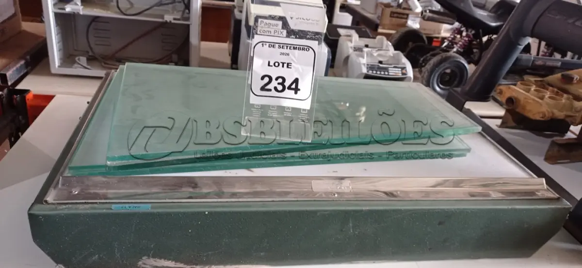 LOTE 234 - 01 NEGATOSCÓPIO DE 80X50CM E 04 VIDROS EM FORMATO TRAPEZOIDAL DE APROXIMADAMENTE 64CM. (NO ESTADO) ATENÇÃO! FAZER A VISITAÇÃO ANTES DE ARREMATAR, NÃO SABEMOS SE FUNCIONA, LEILÃO NÃO TEM GARANTIA E NEM DEVOLUÇÃO, SUJEITO A POSSÍVEIS AVARIAS VISÍVEIS/OCULTAS E/OU AUSÊNCIA DE COMPONENTES.