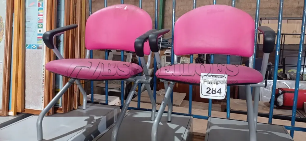LOTE 284 - 02 CADEIRAS COM ASSENTO DOBRÁVEL NA COR ROSA. (NO ESTADO) ATENÇÃO! FAZER A VISITAÇÃO ANTES DE ARREMATAR, NÃO SABEMOS SE FUNCIONA, LEILÃO NÃO TEM GARANTIA E NEM DEVOLUÇÃO, SUJEITO A POSSÍVEIS AVARIAS VISÍVEIS/OCULTAS E/OU AUSÊNCIA DE COMPONENTES.