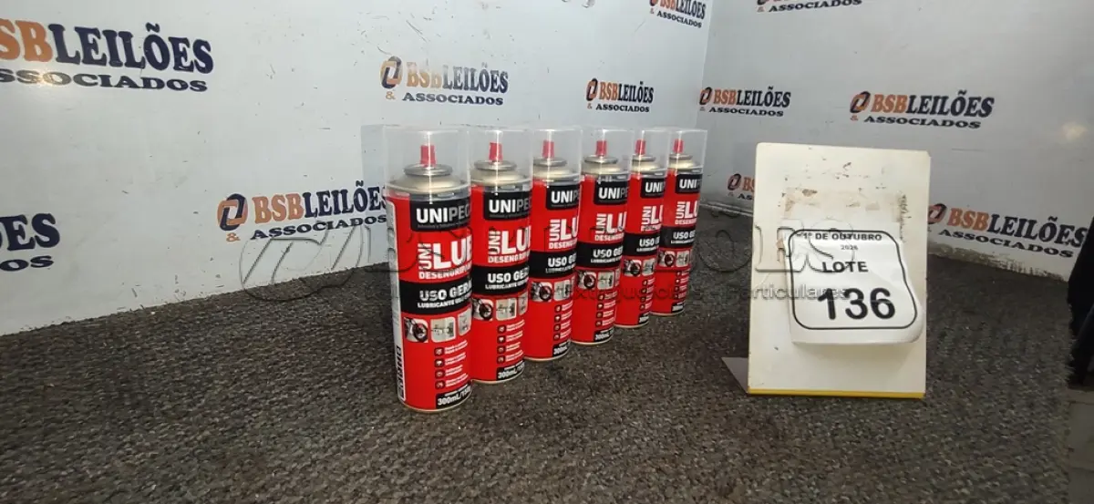 LOTE 136 - 06 LATAS DE DESENGRIPANTE LUBRIFICANTE DE USO GERAL DE 300ML CADA MARCA UNIPEGA. (NO ESTADO) ATENÇÃO! FAZER A VISITAÇÃO ANTES DE ARREMATAR, NÃO SABEMOS SE FUNCIONA, LEILÃO NÃO TEM GARANTIA E NEM DEVOLUÇÃO, SUJEITO A POSSÍVEIS AVARIAS VISÍVEIS/OCULTAS E/OU AUSÊNCIA DE COMPONENTES.