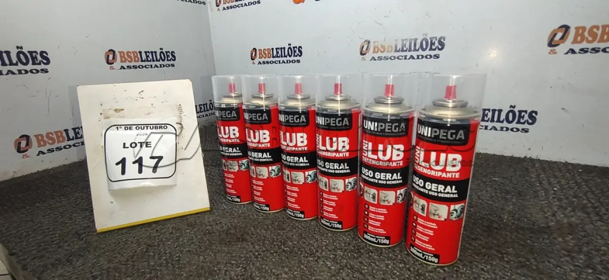 LOTE 117 - 06 LATAS DE DESENGRIPANTE LUBRIFICANTE DE USO GERAL DE 300ML CADA MARCA UNIPEGA. (NO ESTADO) ATENÇÃO! FAZER A VISITAÇÃO ANTES DE ARREMATAR, NÃO SABEMOS SE FUNCIONA, LEILÃO NÃO TEM GARANTIA E NEM DEVOLUÇÃO, SUJEITO A POSSÍVEIS AVARIAS VISÍVEIS/OCULTAS E/OU AUSÊNCIA DE COMPONENTES.
