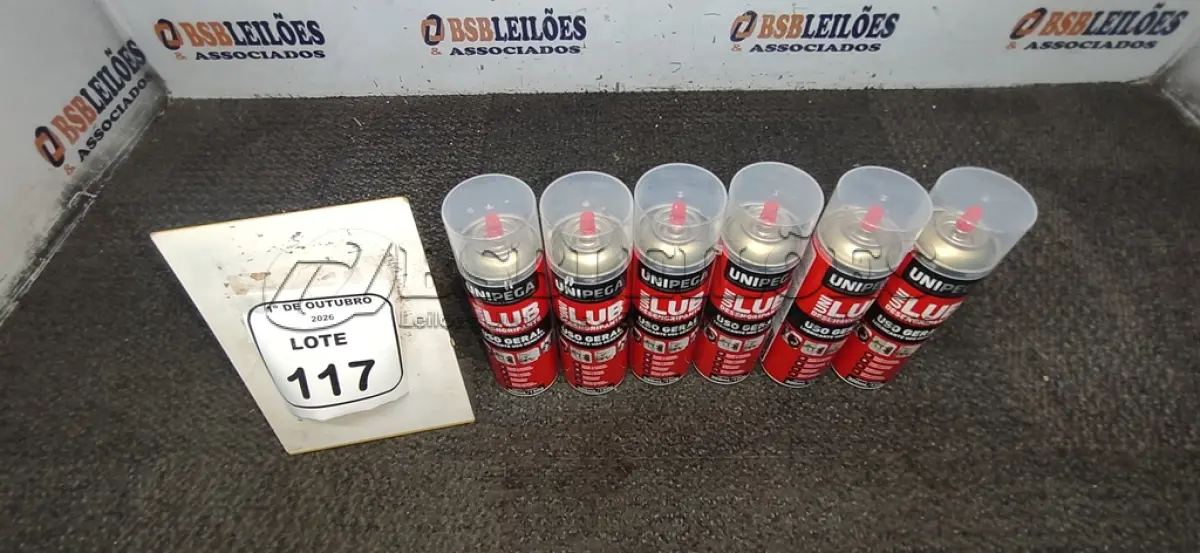LOTE 117 - 06 LATAS DE DESENGRIPANTE LUBRIFICANTE DE USO GERAL DE 300ML CADA MARCA UNIPEGA. (NO ESTADO) ATENÇÃO! FAZER A VISITAÇÃO ANTES DE ARREMATAR, NÃO SABEMOS SE FUNCIONA, LEILÃO NÃO TEM GARANTIA E NEM DEVOLUÇÃO, SUJEITO A POSSÍVEIS AVARIAS VISÍVEIS/OCULTAS E/OU AUSÊNCIA DE COMPONENTES.