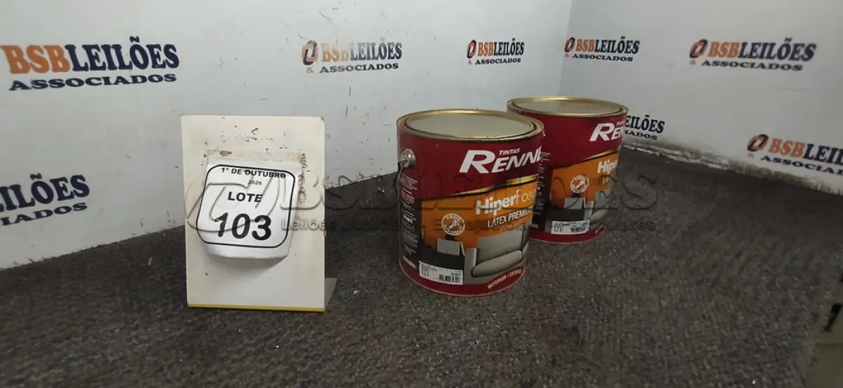LOTE 103 - 02 BALDES DE TINTA HIPER FOSCO LÁTEX PREMIUM NA COR BASE PASTEL FOSCO DE 3,2L CADA MARCA TINTAS RENNER. (NO ESTADO) ATENÇÃO! FAZER A VISITAÇÃO ANTES DE ARREMATAR, NÃO SABEMOS SE FUNCIONA, LEILÃO NÃO TEM GARANTIA E NEM DEVOLUÇÃO, SUJEITO A POSSÍVEIS AVARIAS VISÍVEIS/OCULTAS E/OU AUSÊNCIA DE COMPONENTES.