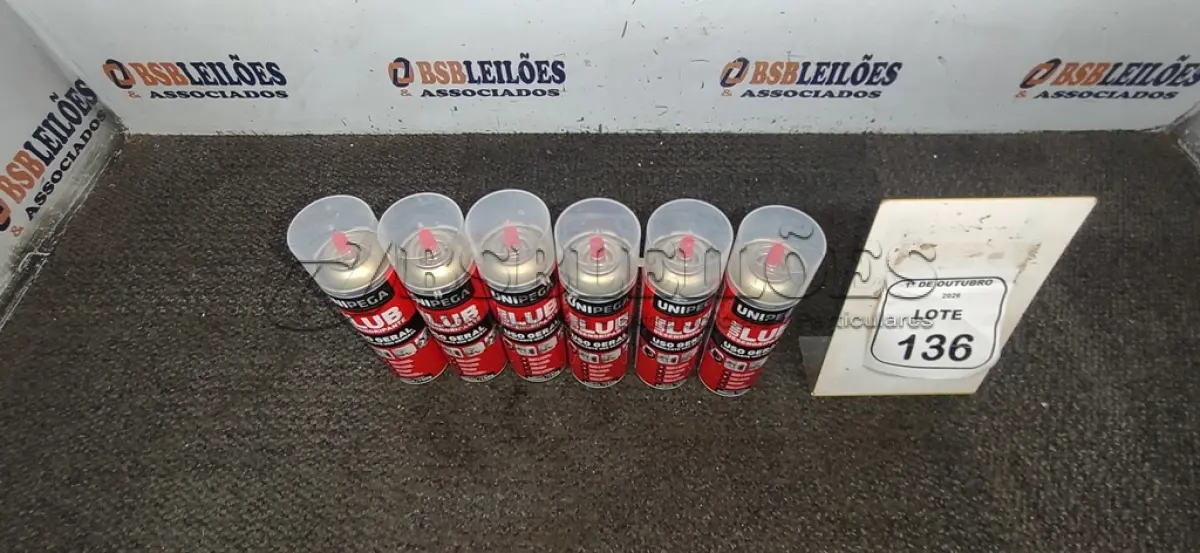 LOTE 136 - 06 LATAS DE DESENGRIPANTE LUBRIFICANTE DE USO GERAL DE 300ML CADA MARCA UNIPEGA. (NO ESTADO) ATENÇÃO! FAZER A VISITAÇÃO ANTES DE ARREMATAR, NÃO SABEMOS SE FUNCIONA, LEILÃO NÃO TEM GARANTIA E NEM DEVOLUÇÃO, SUJEITO A POSSÍVEIS AVARIAS VISÍVEIS/OCULTAS E/OU AUSÊNCIA DE COMPONENTES.