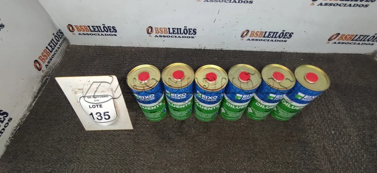 LOTE 135 - 06 LATAS DE DILUENTE THINNER 16 DE 900ML CADA MARCA EIXO NOBRE. (NO ESTADO) ATENÇÃO! FAZER A VISITAÇÃO ANTES DE ARREMATAR, NÃO SABEMOS SE FUNCIONA, LEILÃO NÃO TEM GARANTIA E NEM DEVOLUÇÃO, SUJEITO A POSSÍVEIS AVARIAS VISÍVEIS/OCULTAS E/OU AUSÊNCIA DE COMPONENTES.