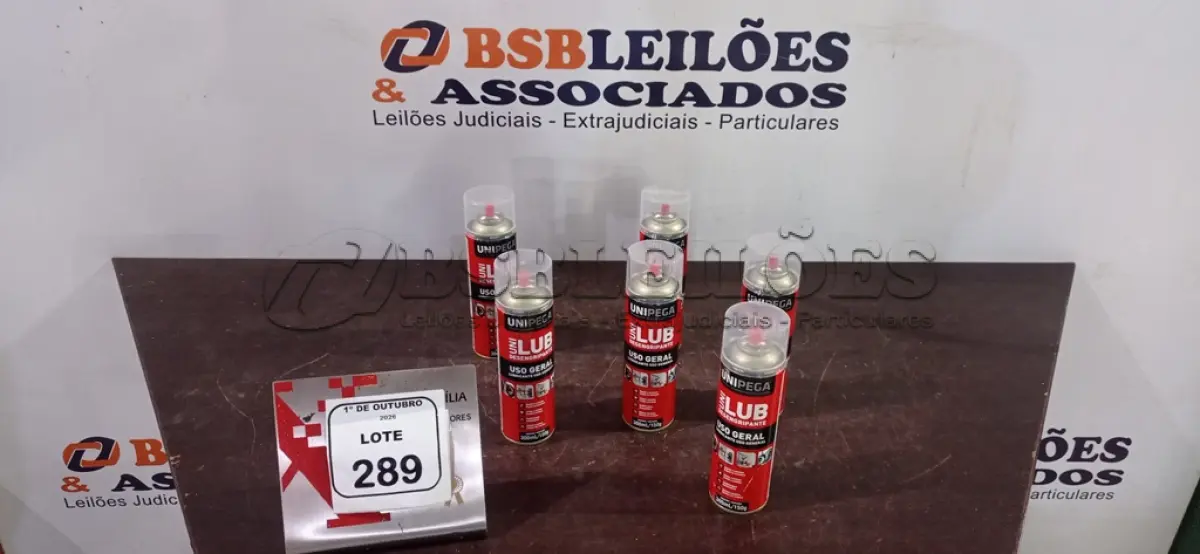 LOTE 289 - 06 LATAS DE DESENGRIPANTE LUBRIFICANTE DE USO GERAL DE 300ML CADA MARCA UNIPEGA. (NO ESTADO) ATENÇÃO! FAZER A VISITAÇÃO ANTES DE ARREMATAR, NÃO SABEMOS SE FUNCIONA, LEILÃO NÃO TEM GARANTIA E NEM DEVOLUÇÃO, SUJEITO A POSSÍVEIS AVARIAS VISÍVEIS/OCULTAS E/OU AUSÊNCIA DE COMPONENTES.