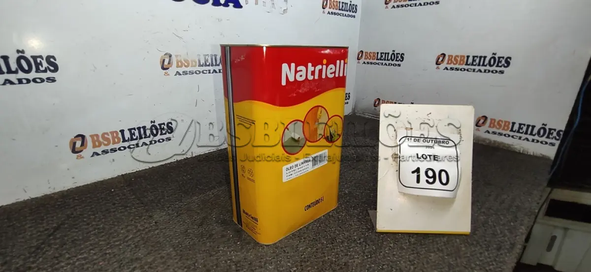 LOTE 190 - 01 LATA DE ÓLEO DE LINHAÇA DE 5L MARCA NATRIELLI. (NO ESTADO) ATENÇÃO! FAZER A VISITAÇÃO ANTES DE ARREMATAR, NÃO SABEMOS SE FUNCIONA, LEILÃO NÃO TEM GARANTIA E NEM DEVOLUÇÃO, SUJEITO A POSSÍVEIS AVARIAS VISÍVEIS/OCULTAS E/OU AUSÊNCIA DE COMPONENTES.