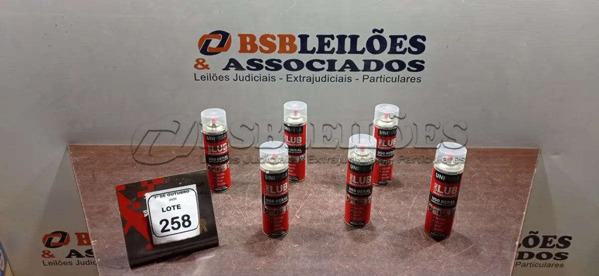 LOTE 258 - 06 LATAS DE DESENGRIPANTE LUBRIFICANTE DE USO GERAL DE 300ML CADA MARCA UNIPEGA. (NO ESTADO) ATENÇÃO! FAZER A VISITAÇÃO ANTES DE ARREMATAR, NÃO SABEMOS SE FUNCIONA, LEILÃO NÃO TEM GARANTIA E NEM DEVOLUÇÃO, SUJEITO A POSSÍVEIS AVARIAS VISÍVEIS/OCULTAS E/OU AUSÊNCIA DE COMPONENTES.