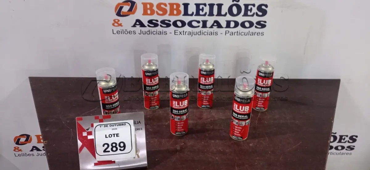 LOTE 289 - 06 LATAS DE DESENGRIPANTE LUBRIFICANTE DE USO GERAL DE 300ML CADA MARCA UNIPEGA. (NO ESTADO) ATENÇÃO! FAZER A VISITAÇÃO ANTES DE ARREMATAR, NÃO SABEMOS SE FUNCIONA, LEILÃO NÃO TEM GARANTIA E NEM DEVOLUÇÃO, SUJEITO A POSSÍVEIS AVARIAS VISÍVEIS/OCULTAS E/OU AUSÊNCIA DE COMPONENTES.