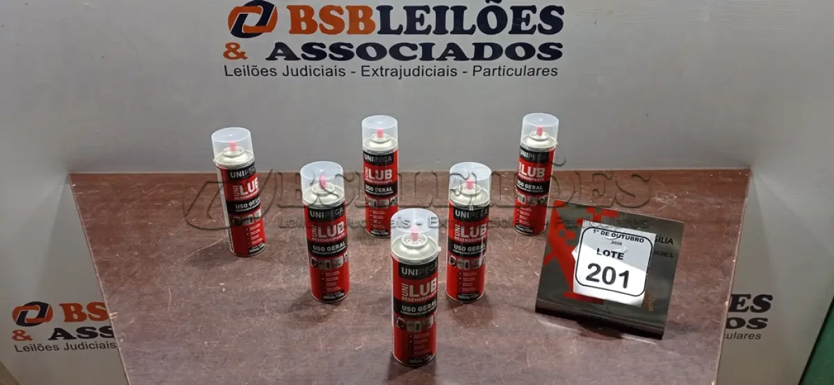 LOTE 201 - 06 LATAS DE DESENGRIPANTE LUBRIFICANTE DE USO GERAL DE 300ML CADA MARCA UNIPEGA. (NO ESTADO) ATENÇÃO! FAZER A VISITAÇÃO ANTES DE ARREMATAR, NÃO SABEMOS SE FUNCIONA, LEILÃO NÃO TEM GARANTIA E NEM DEVOLUÇÃO, SUJEITO A POSSÍVEIS AVARIAS VISÍVEIS/OCULTAS E/OU AUSÊNCIA DE COMPONENTES.