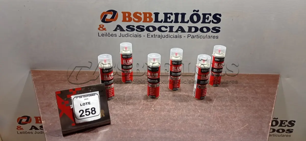 LOTE 258 - 06 LATAS DE DESENGRIPANTE LUBRIFICANTE DE USO GERAL DE 300ML CADA MARCA UNIPEGA. (NO ESTADO) ATENÇÃO! FAZER A VISITAÇÃO ANTES DE ARREMATAR, NÃO SABEMOS SE FUNCIONA, LEILÃO NÃO TEM GARANTIA E NEM DEVOLUÇÃO, SUJEITO A POSSÍVEIS AVARIAS VISÍVEIS/OCULTAS E/OU AUSÊNCIA DE COMPONENTES.