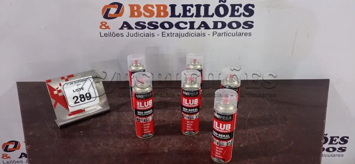 LOTE 289 - 06 LATAS DE DESENGRIPANTE LUBRIFICANTE DE USO GERAL DE 300ML CADA MARCA UNIPEGA. (NO ESTADO) ATENÇÃO! FAZER A VISITAÇÃO ANTES DE ARREMATAR, NÃO SABEMOS SE FUNCIONA, LEILÃO NÃO TEM GARANTIA E NEM DEVOLUÇÃO, SUJEITO A POSSÍVEIS AVARIAS VISÍVEIS/OCULTAS E/OU AUSÊNCIA DE COMPONENTES.