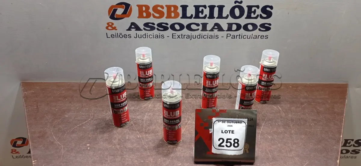 LOTE 258 - 06 LATAS DE DESENGRIPANTE LUBRIFICANTE DE USO GERAL DE 300ML CADA MARCA UNIPEGA. (NO ESTADO) ATENÇÃO! FAZER A VISITAÇÃO ANTES DE ARREMATAR, NÃO SABEMOS SE FUNCIONA, LEILÃO NÃO TEM GARANTIA E NEM DEVOLUÇÃO, SUJEITO A POSSÍVEIS AVARIAS VISÍVEIS/OCULTAS E/OU AUSÊNCIA DE COMPONENTES.