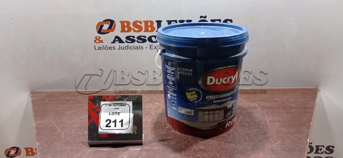 LOTE 211 - 01 BALDE DE TINTA ACRÍLICA STANDARD FOSCO DE 18L NA COR CÉU DE VERÃO FOSCO MARCA DUCRYL. (NO ESTADO) ATENÇÃO! FAZER A VISITAÇÃO ANTES DE ARREMATAR, NÃO SABEMOS SE FUNCIONA, LEILÃO NÃO TEM GARANTIA E NEM DEVOLUÇÃO, SUJEITO A POSSÍVEIS AVARIAS VISÍVEIS/OCULTAS E/OU AUSÊNCIA DE COMPONENTES.
