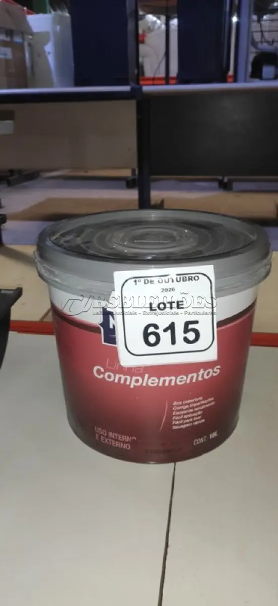 LOTE 615 - 01 BALDE DE TINTA PVA NA COR AREIA DE 16L MARCA MISTERLAR. (NO ESTADO) ATENÇÃO! FAZER A VISITAÇÃO ANTES DE ARREMATAR, NÃO SABEMOS SE FUNCIONA, LEILÃO NÃO TEM GARANTIA E NEM DEVOLUÇÃO, SUJEITO A POSSÍVEIS AVARIAS VISÍVEIS/OCULTAS E/OU AUSÊNCIA DE COMPONENTES.