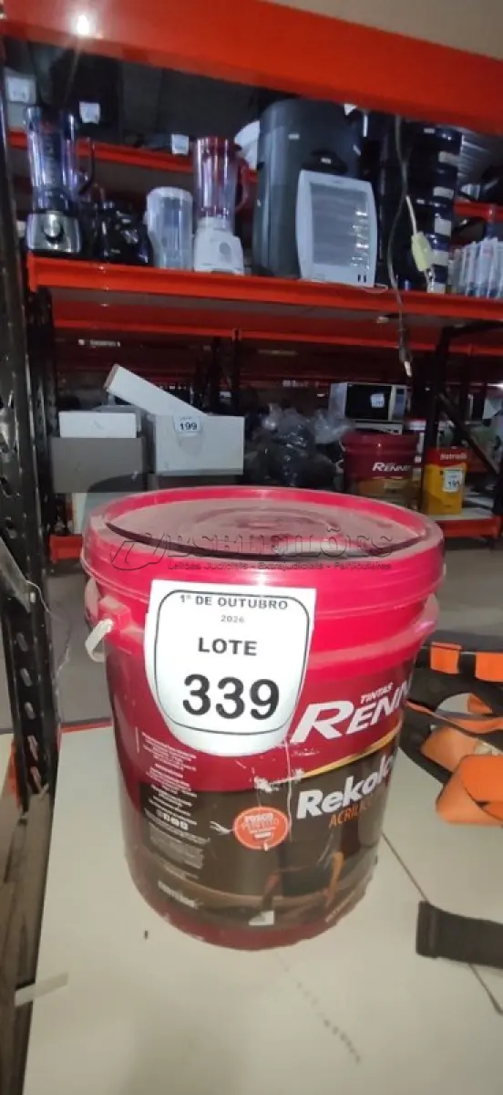LOTE 339 - 01 BALDE DE TINTA ACRÍLICA SUPER PREMIUM NA COR BASE INTENSA SEMIBRILHO DE 16L MARCA RENNER. (NO ESTADO) ATENÇÃO! FAZER A VISITAÇÃO ANTES DE ARREMATAR, NÃO SABEMOS SE FUNCIONA, LEILÃO NÃO TEM GARANTIA E NEM DEVOLUÇÃO, SUJEITO A POSSÍVEIS AVARIAS VISÍVEIS/OCULTAS E/OU AUSÊNCIA DE COMPONENTES.