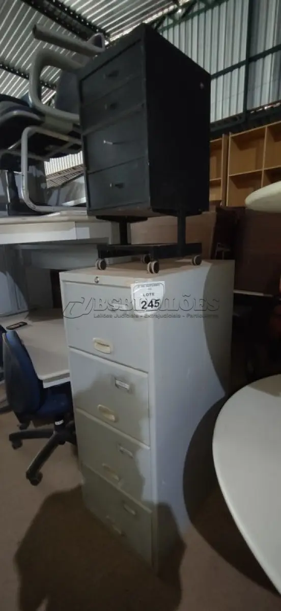 LOTE 245 - 01 ARQUIVO DE AÇO COM 04 GAVETAS E 01 GAVETEIRO PEQUENO COM 04 GAVETAS E RODINHAS. (NO ESTADO) ATENÇÃO! FAZER A VISITAÇÃO ANTES DE ARREMATAR, NÃO SABEMOS SE FUNCIONA, LEILÃO NÃO TEM GARANTIA E NEM DEVOLUÇÃO, SUJEITO A POSSÍVEIS AVARIAS VISÍVEIS/OCULTAS E/OU AUSÊNCIA DE COMPONENTES.