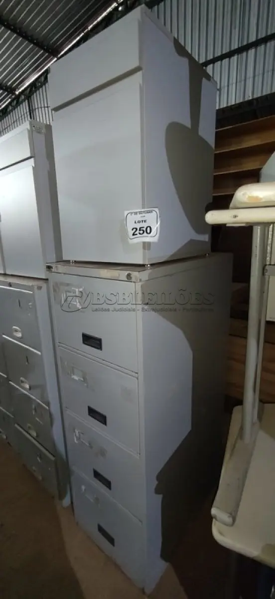 LOTE 250 - 01 ARQUIVO DE AÇO COM 04 GAVETAS E 01 ARMÁRIO BAIXO COM 01 GAVETA E SUPORTE PARA CPU. (NO ESTADO) ATENÇÃO! FAZER A VISITAÇÃO ANTES DE ARREMATAR, NÃO SABEMOS SE FUNCIONA, LEILÃO NÃO TEM GARANTIA E NEM DEVOLUÇÃO, SUJEITO A POSSÍVEIS AVARIAS VISÍVEIS/OCULTAS E/OU AUSÊNCIA DE COMPONENTES.