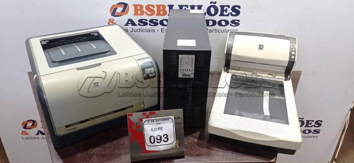 LOTE 093 - 01 IMPRESSORA MODELO COLOR LASERJET CP1515N MARCA HP, 01 NOBREAK DE 1684VA MRCA SMS E 02 SCANNERS. (NO ESTADO) ATENÇÃO! FAZER A VISITAÇÃO ANTES DE ARREMATAR, NÃO SABEMOS SE FUNCIONA, LEILÃO NÃO TEM GARANTIA E NEM DEVOLUÇÃO, SUJEITO A POSSÍVEIS AVARIAS VISÍVEIS/OCULTAS E/OU AUSÊNCIA DE COMPONENTES.