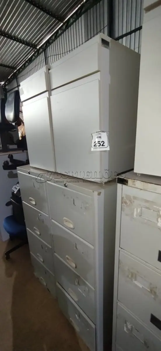 LOTE 252 - 02 ARQUIVOS DE AÇO COM 04 GAVETAS E 02 ARMÁRIOS BAIXO COM 01 GAVETA E SUPORTE PARA CPU. (NO ESTADO) ATENÇÃO! FAZER A VISITAÇÃO ANTES DE ARREMATAR, NÃO SABEMOS SE FUNCIONA, LEILÃO NÃO TEM GARANTIA E NEM DEVOLUÇÃO, SUJEITO A POSSÍVEIS AVARIAS VISÍVEIS/OCULTAS E/OU AUSÊNCIA DE COMPONENTES.