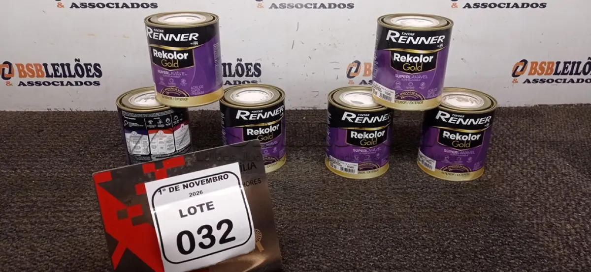 LOTE 032 - 06 LATA DE TINTAS SEMI ACETINADO LINHA REKOLOR GOLD DE 800ML NA COR BRANCO/BASE NEVE MARCA RENNER. (NO ESTADO) ATENÇÃO! FAZER A VISITAÇÃO ANTES DE ARREMATAR, NÃO SABEMOS SE FUNCIONA, LEILÃO NÃO TEM GARANTIA E NEM DEVOLUÇÃO, SUJEITO A POSSÍVEIS AVARIAS VISÍVEIS/OCULTAS E/OU AUSÊNCIA DE COMPONENTES.