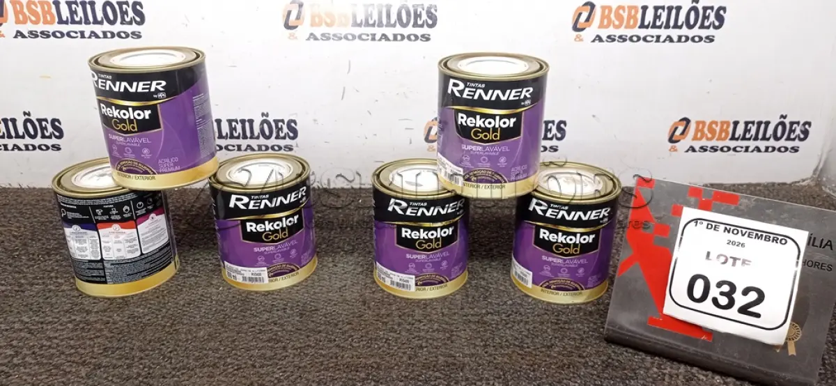 LOTE 032 - 06 LATA DE TINTAS SEMI ACETINADO LINHA REKOLOR GOLD DE 800ML NA COR BRANCO/BASE NEVE MARCA RENNER. (NO ESTADO) ATENÇÃO! FAZER A VISITAÇÃO ANTES DE ARREMATAR, NÃO SABEMOS SE FUNCIONA, LEILÃO NÃO TEM GARANTIA E NEM DEVOLUÇÃO, SUJEITO A POSSÍVEIS AVARIAS VISÍVEIS/OCULTAS E/OU AUSÊNCIA DE COMPONENTES.