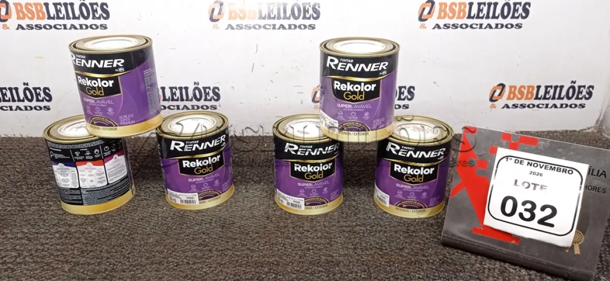 LOTE 032 - 06 LATA DE TINTAS SEMI ACETINADO LINHA REKOLOR GOLD DE 800ML NA COR BRANCO/BASE NEVE MARCA RENNER. (NO ESTADO) ATENÇÃO! FAZER A VISITAÇÃO ANTES DE ARREMATAR, NÃO SABEMOS SE FUNCIONA, LEILÃO NÃO TEM GARANTIA E NEM DEVOLUÇÃO, SUJEITO A POSSÍVEIS AVARIAS VISÍVEIS/OCULTAS E/OU AUSÊNCIA DE COMPONENTES.