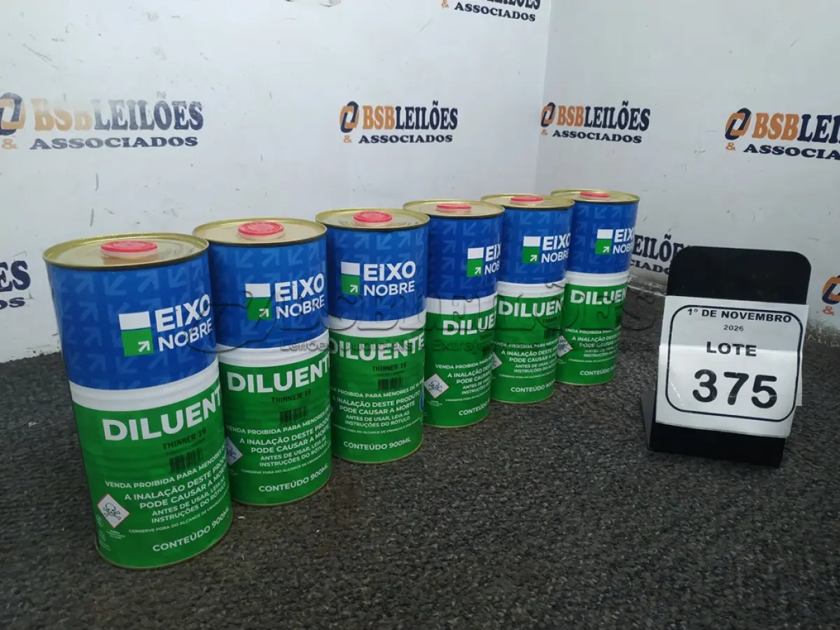 LOTE 375 - 06 LATAS DE DILUENTE THINNER 16 DE 900ML CADA MARCA EIXO NOBRE. (NO ESTADO) ATENÇÃO! FAZER A VISITAÇÃO ANTES DE ARREMATAR, NÃO SABEMOS SE FUNCIONA, LEILÃO NÃO TEM GARANTIA E NEM DEVOLUÇÃO, SUJEITO A POSSÍVEIS AVARIAS VISÍVEIS/OCULTAS E/OU AUSÊNCIA DE COMPONENTES.