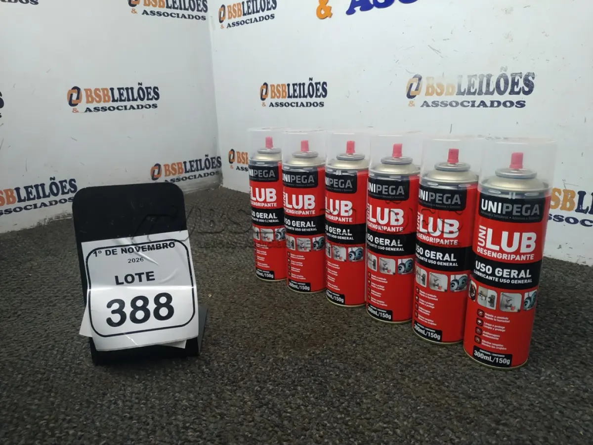 LOTE 388 - 06 LATAS DE DESENGRIPANTE LUBRIFICANTE DE USO GERAL DE 300ML CADA MARCA UNIPEGA. (NO ESTADO) ATENÇÃO! FAZER A VISITAÇÃO ANTES DE ARREMATAR, NÃO SABEMOS SE FUNCIONA, LEILÃO NÃO TEM GARANTIA E NEM DEVOLUÇÃO, SUJEITO A POSSÍVEIS AVARIAS VISÍVEIS/OCULTAS E/OU AUSÊNCIA DE COMPONENTES.