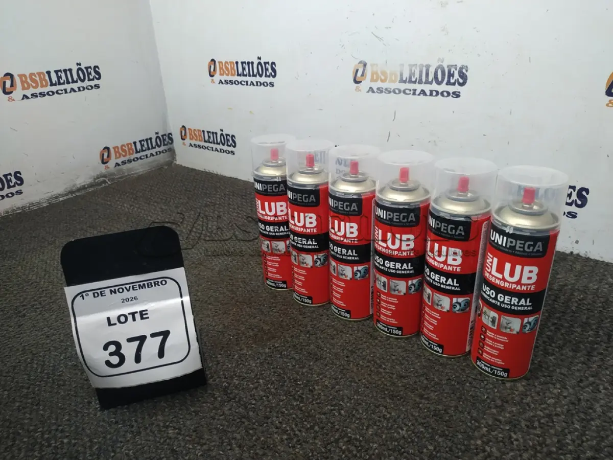LOTE 377 - 06 LATAS DE DESENGRIPANTE LUBRIFICANTE DE USO GERAL DE 300ML CADA MARCA UNIPEGA. (NO ESTADO) ATENÇÃO! FAZER A VISITAÇÃO ANTES DE ARREMATAR, NÃO SABEMOS SE FUNCIONA, LEILÃO NÃO TEM GARANTIA E NEM DEVOLUÇÃO, SUJEITO A POSSÍVEIS AVARIAS VISÍVEIS/OCULTAS E/OU AUSÊNCIA DE COMPONENTES.
