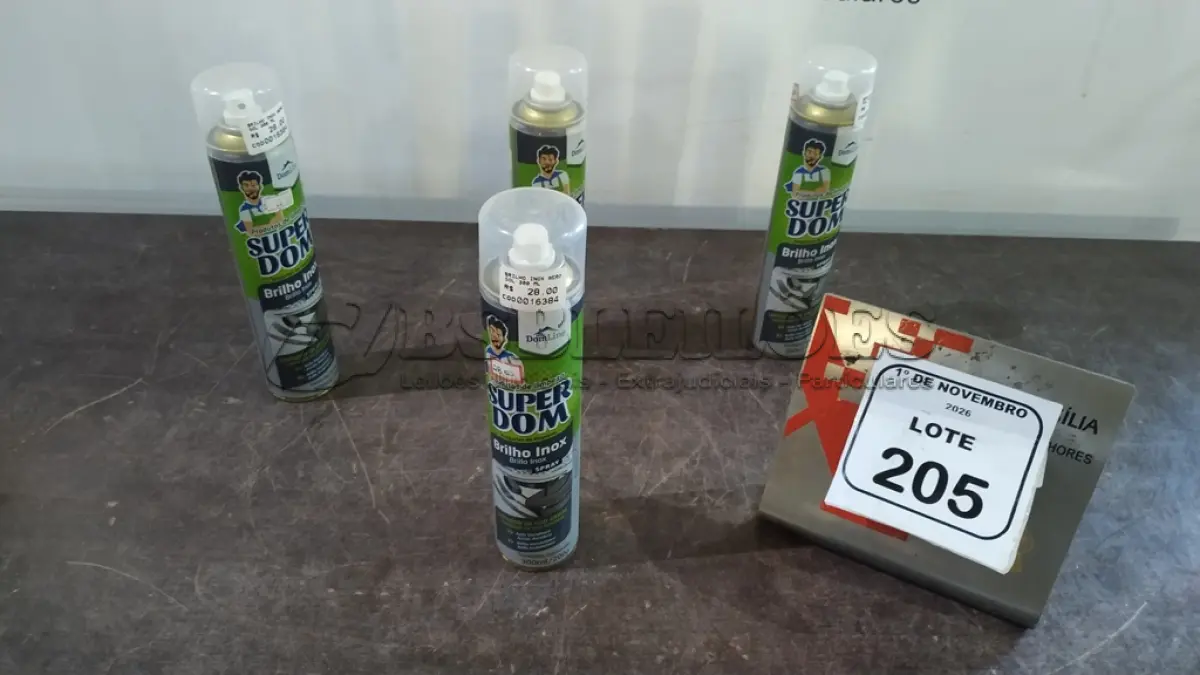 LOTE 205 - 04 LIMPADORES BRILHO INOX EM AEROSSOL DE 300ML CADA MARCA SUPER DOM. (NO ESTADO) ATENÇÃO! FAZER A VISITAÇÃO ANTES DE ARREMATAR, NÃO SABEMOS SE FUNCIONA, LEILÃO NÃO TEM GARANTIA E NEM DEVOLUÇÃO, SUJEITO A POSSÍVEIS AVARIAS VISÍVEIS/OCULTAS E/OU AUSÊNCIA DE COMPONENTES.